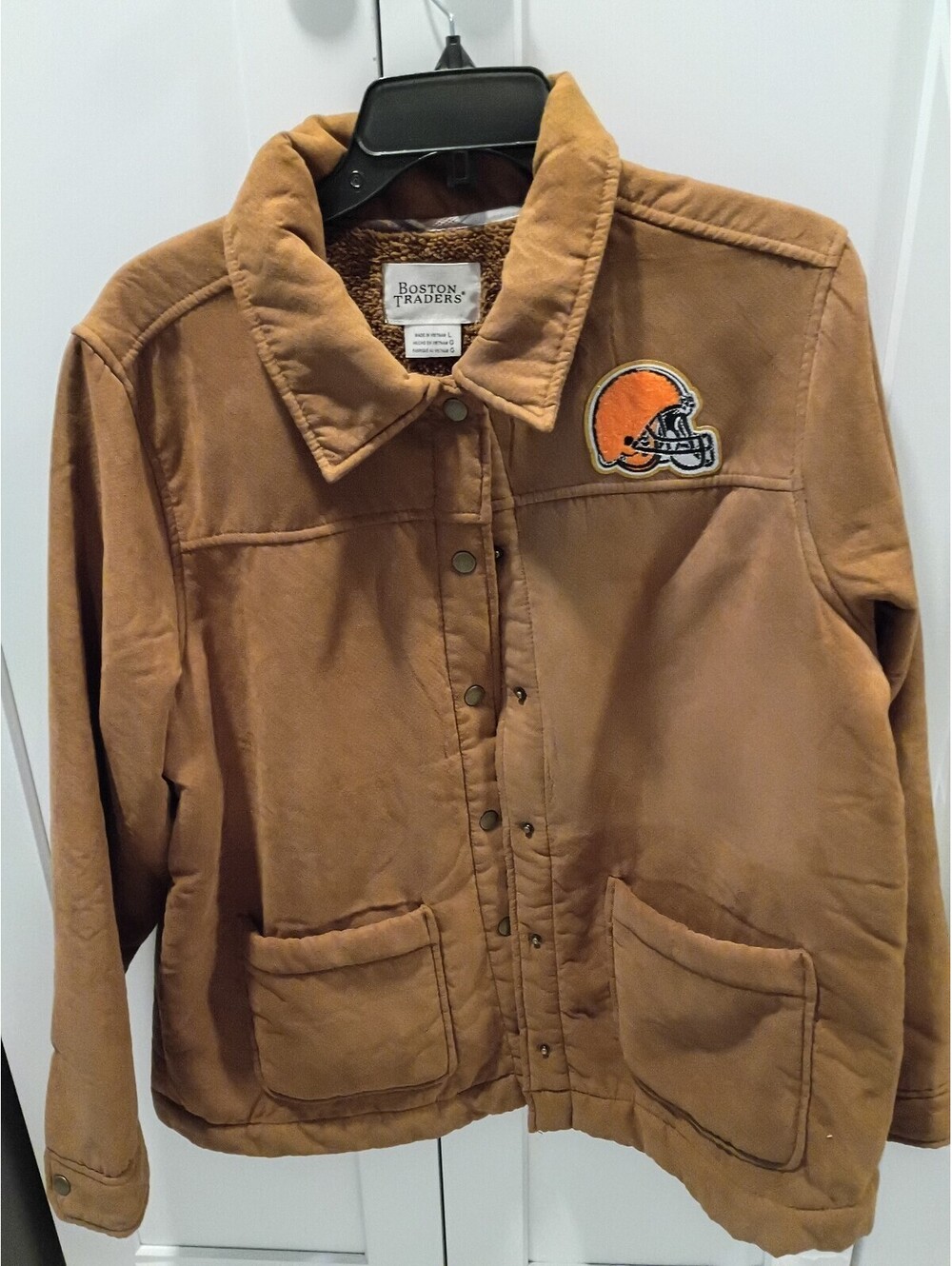 Boston Traders Brown Sherpa-Lined Jacket with Cleveland Browns Patch, Size Large